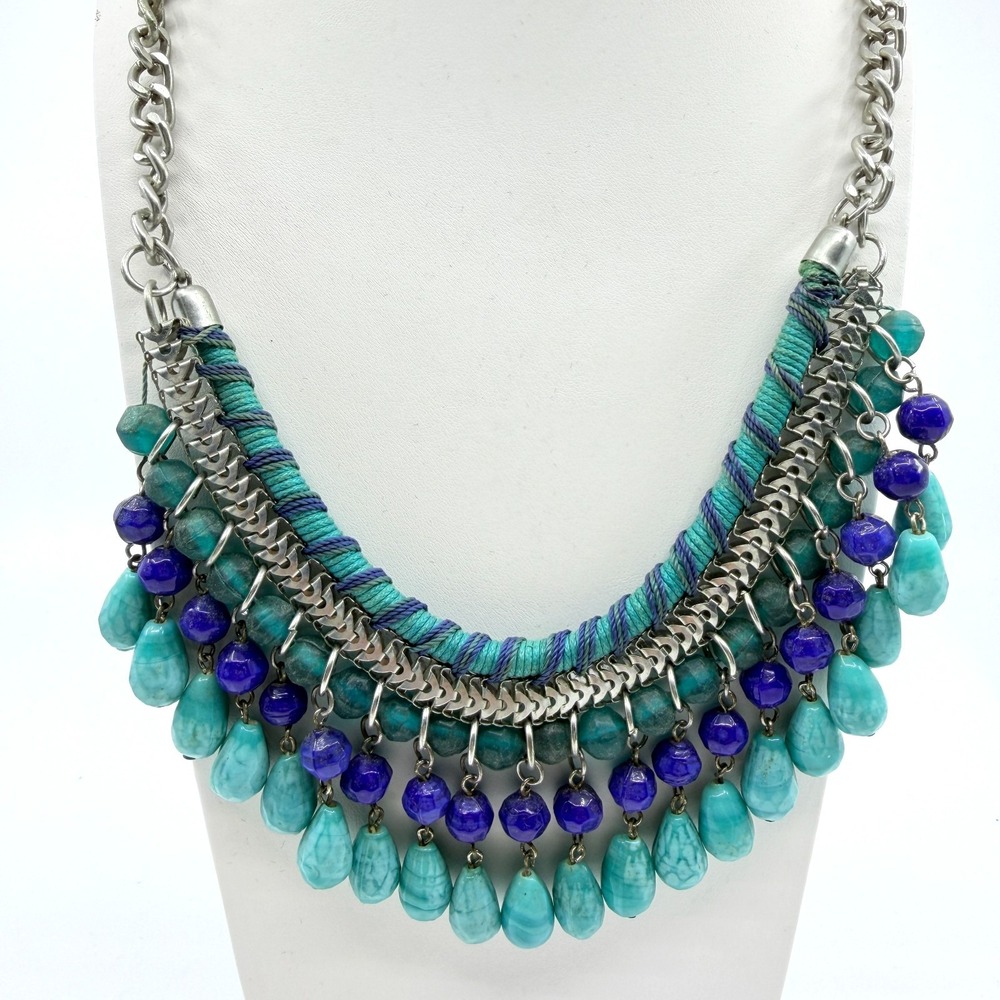 Vintage Faux Turquoise Blue Teal Faux Stone Fringe Tassel Statement Bib Necklace